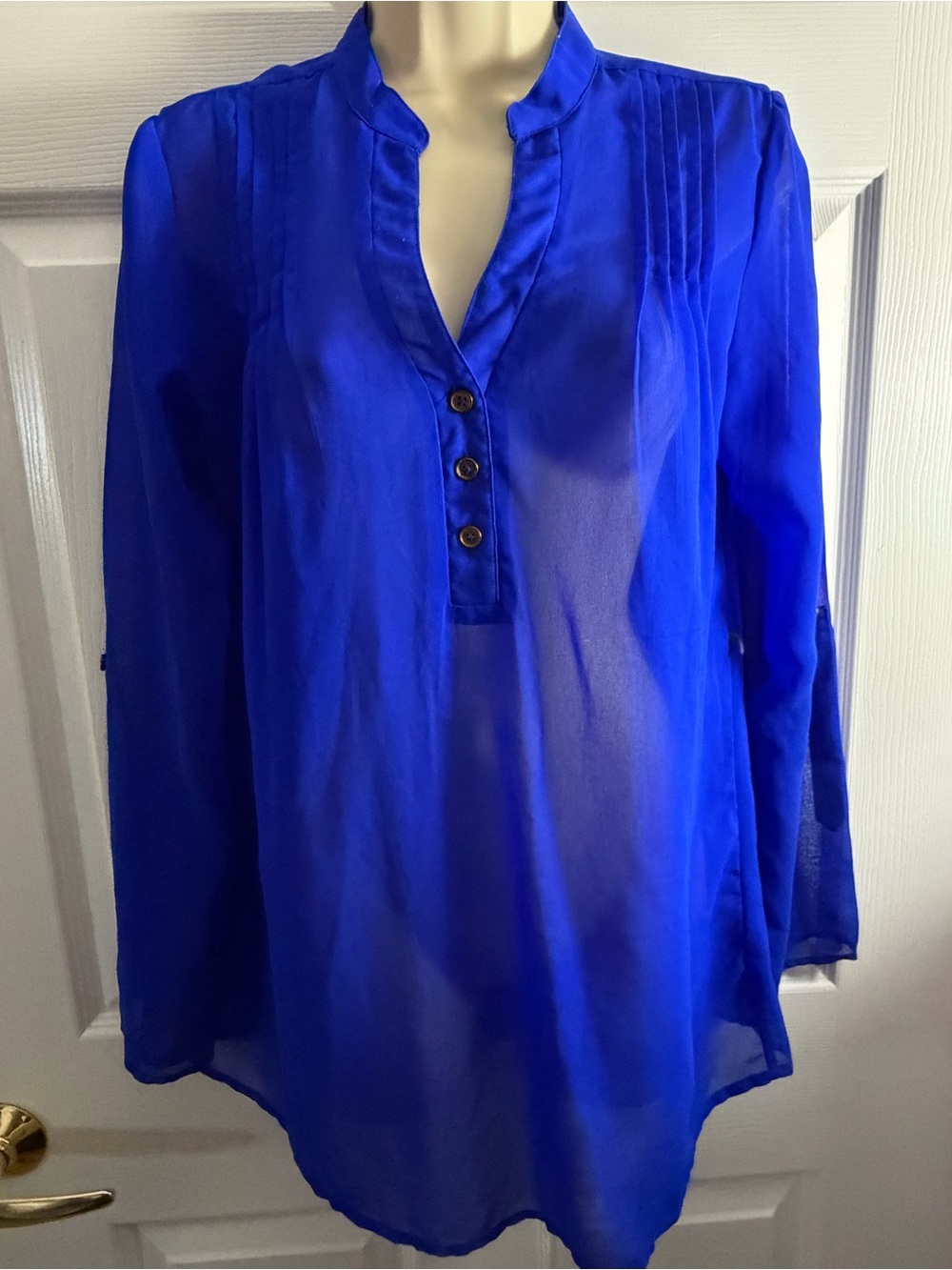🛍️Vintage Charolette Russe Sheer Royal Blue Blouse Long Roll Sleeve Top Medium